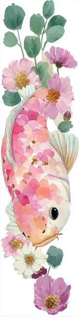 Free printable fish bookmark featuring white and pink fish with green leaves